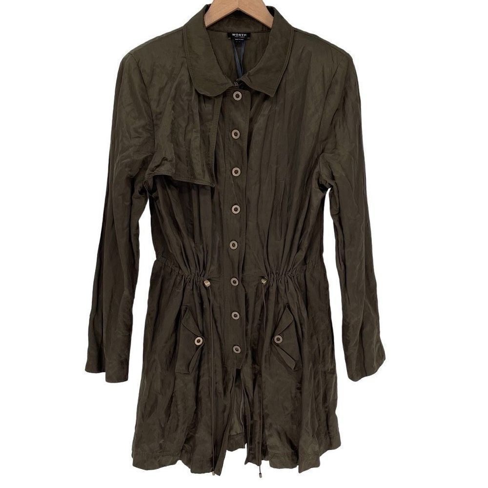 Worth New‎ York Crinkle Trench Coat Cinch Waist Metallic Green Women Large